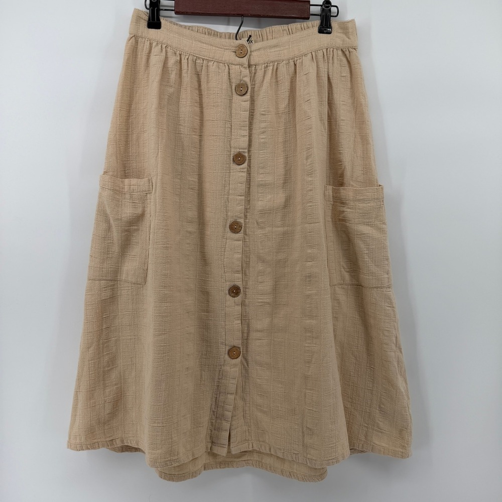 Roxy Button Front Midi Skirt Womens Large Tan Gauze Elastic Waist Pockets Surfer